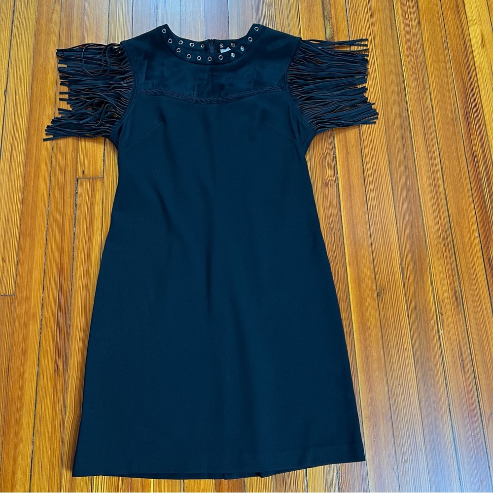 Ipekyol Black Fringe Shoulder Grommet Neck Shift Dress Chic Western Boho Style - Picture 7 of 13